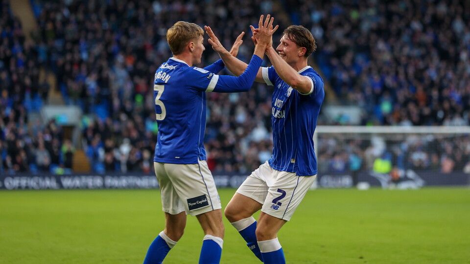 Will Fish celebrates scoring for Cardiff City FC