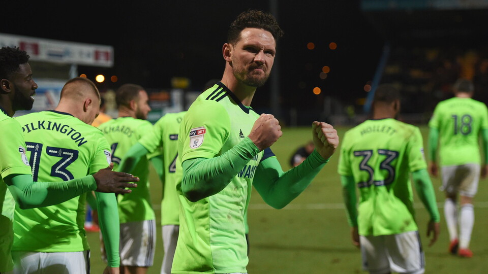 City skipper Sean Morrison celebrates the away win at Mansfield Town.