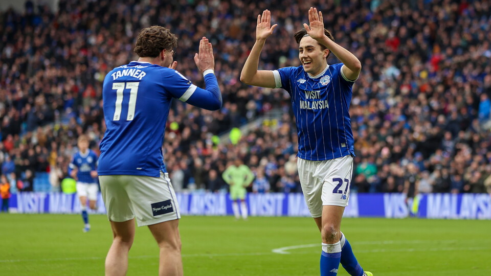 Joel Colwill celebrates scoring for Cardiff City FC