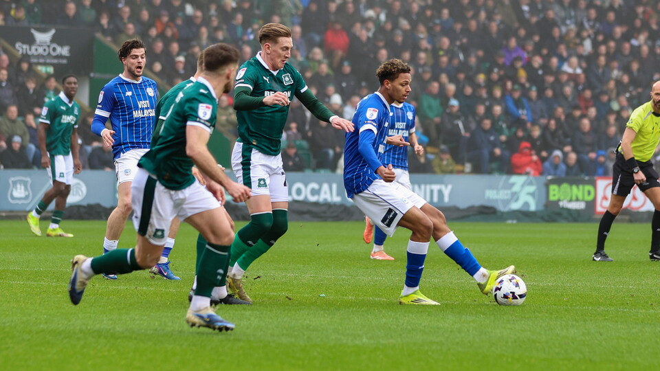 Omari Kellyman in action for City at Plymouth Argyle.