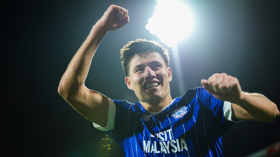 City’s Rubin Colwill celebrates in Wrexham.