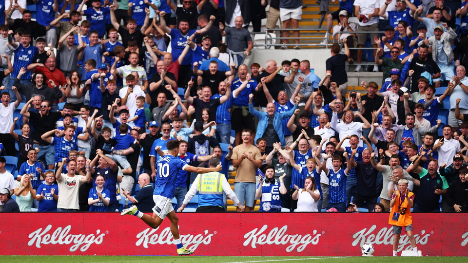City’s Rubin Colwill celebrates with the Bluebirds supporters!