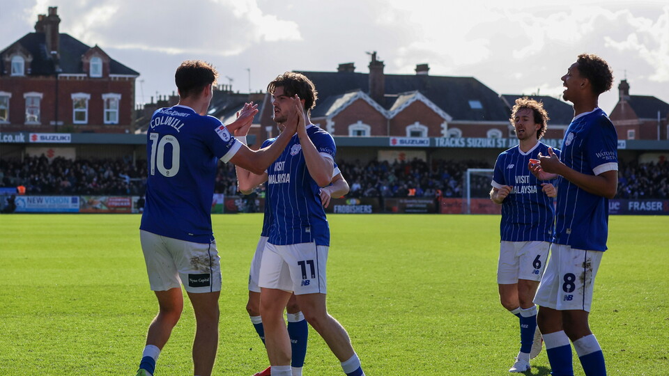 City players celebrate following Rubin Colwill's opener against Exeter City.