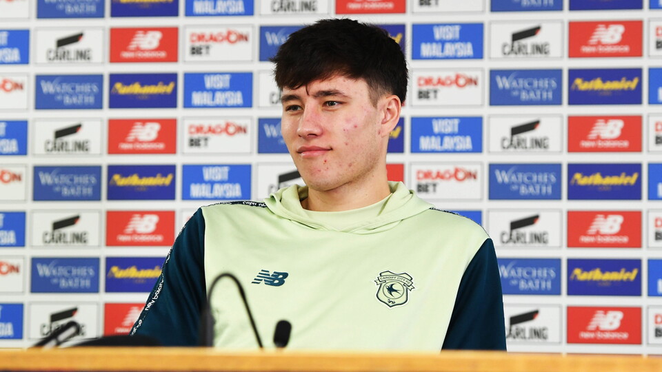 Rubin Colwill talks to the press ahead of Lincoln City.