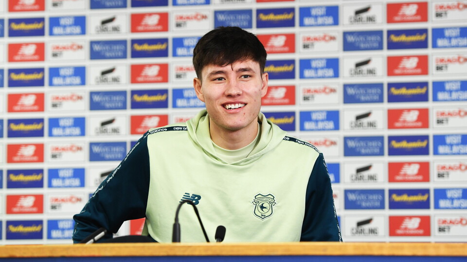 Rubin Colwill talks to the press ahead of Lincoln City.