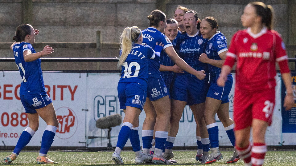 Megan Bowen celebrates her goal against Wrexham.