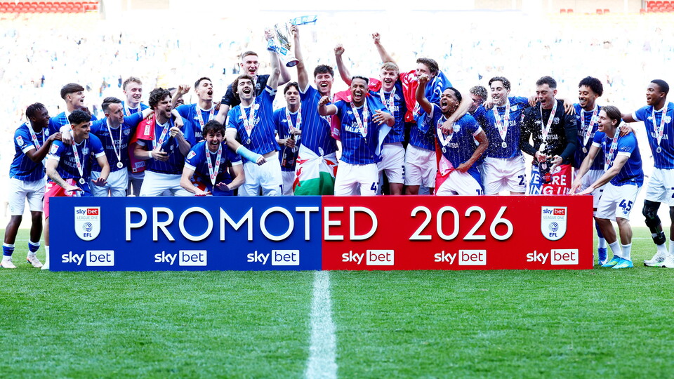 The Bluebirds celebrate their promotion to the Championship.