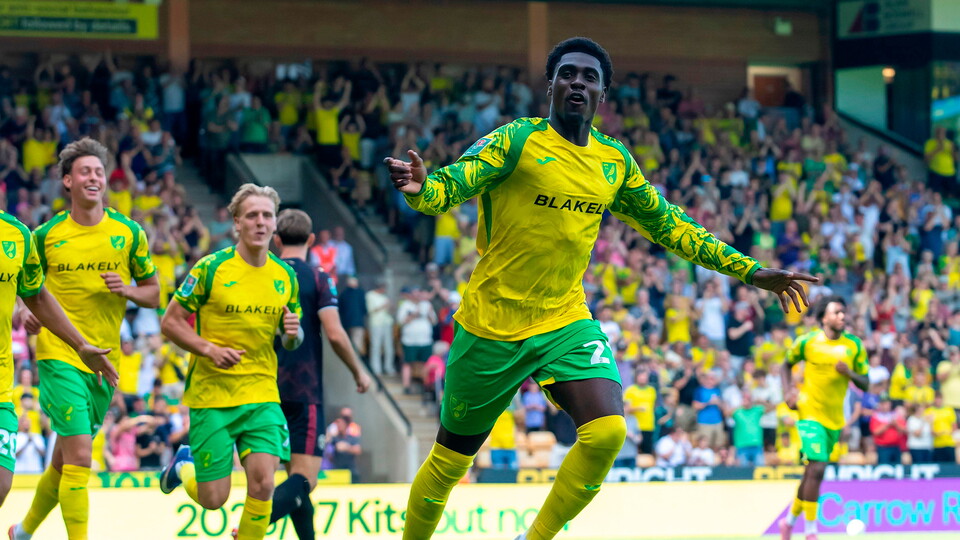 Mohamed Touré of Norwich City celebrates a goal.
