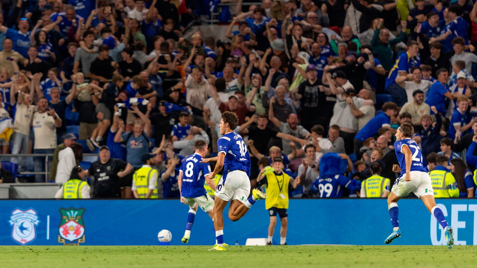 Rubin Colwill celebrates his equalising goal against Wrexham.