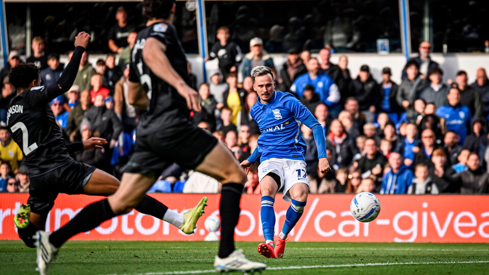 Birmingham City winger Liam Millar takes a shot.