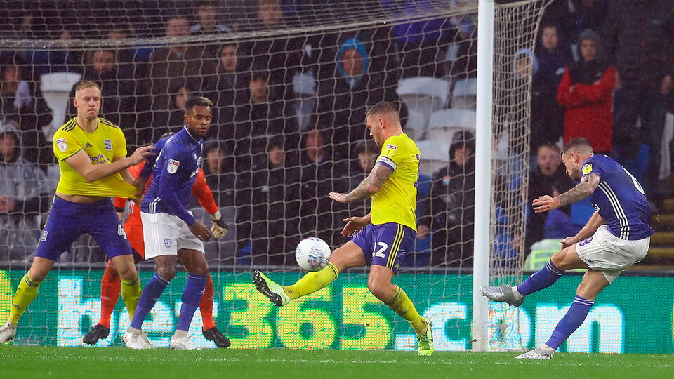 Joe Ralls scores his second goal against Birmingham City, November 2019.