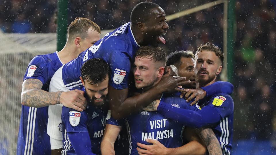The Bluebirds celebrate the fourth goal against Birmingham City...