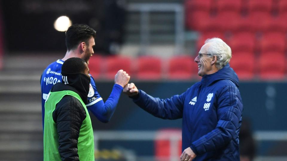 Mick McCarthy celebrates with goalscorer Kieffer Moore at Ashton Gate...