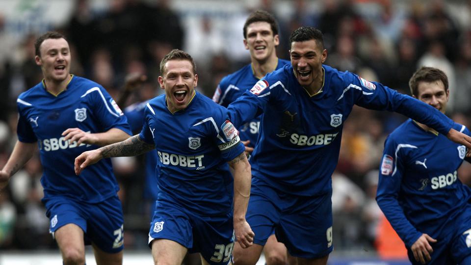Bellamy celebrates his winner at the Liberty...