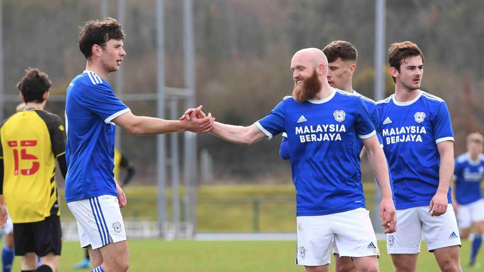 City celebrate their fourth goal in the U23 match with Watford...