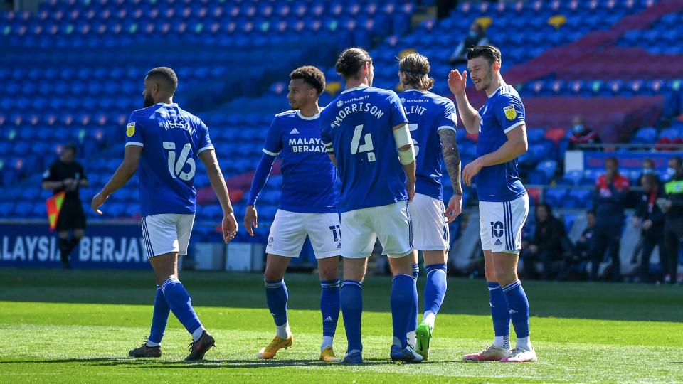 Kieffer Moore celebrates his first goal against Wycombe Wanderers at CCS...