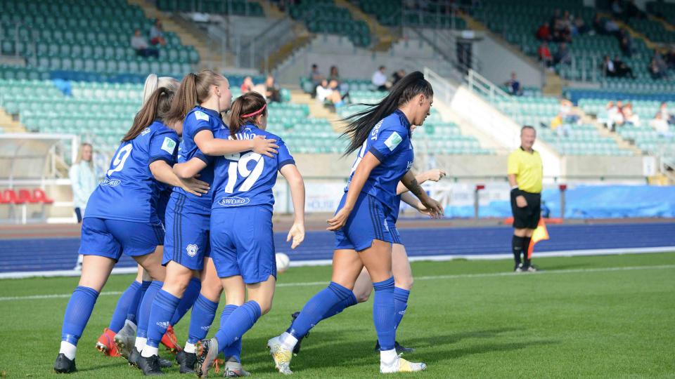 The Bluebirds celebrate a goal against Pontypridd...