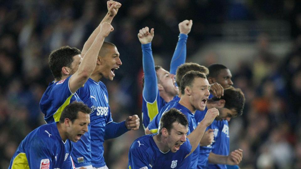 The Bluebirds celebrate against Leicester City at CCS...