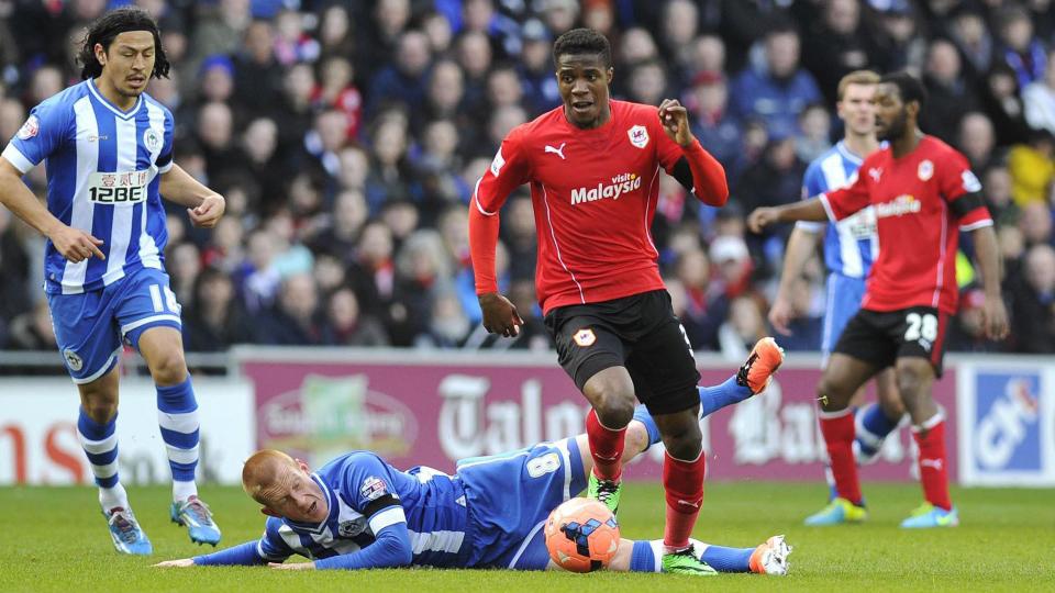 Wilfred Zaha in action for City against Wigan Athletic...