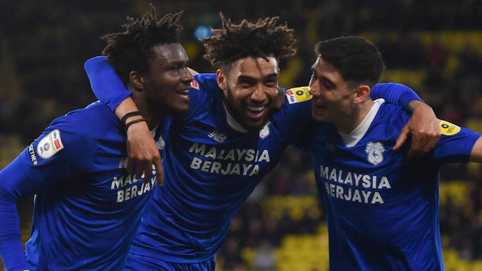 Sory Kaba, Kion Etete and Callum O'Dowda celebrate at Watford...