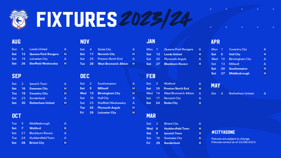 2023/24 Sky Bet Championship fixtures Cardiff