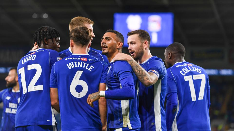 Cardiff City celebrate taking the lead against Coventry City