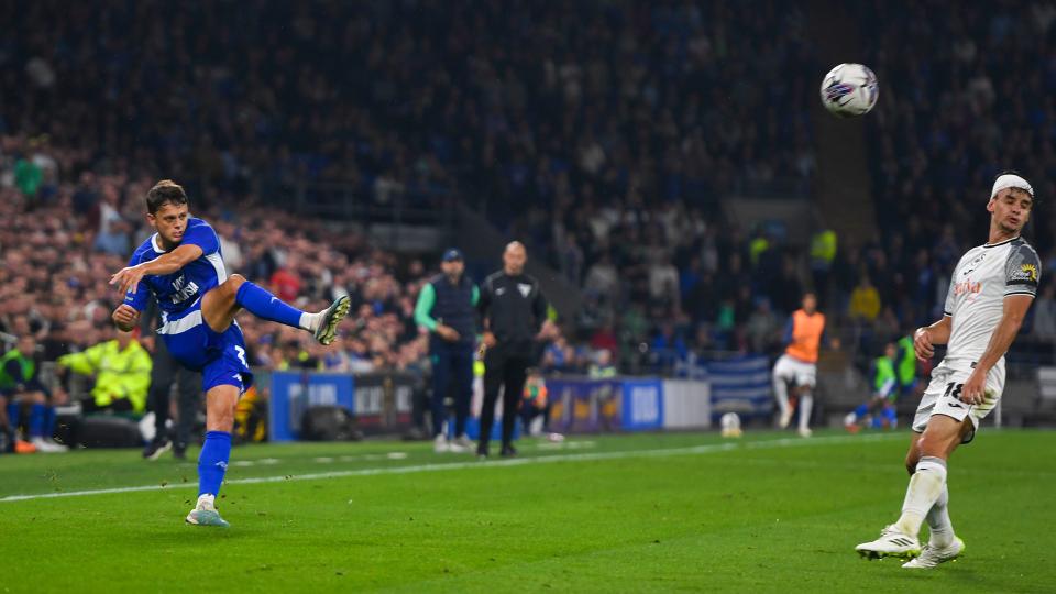 Perry Ng crosses against Swansea City...