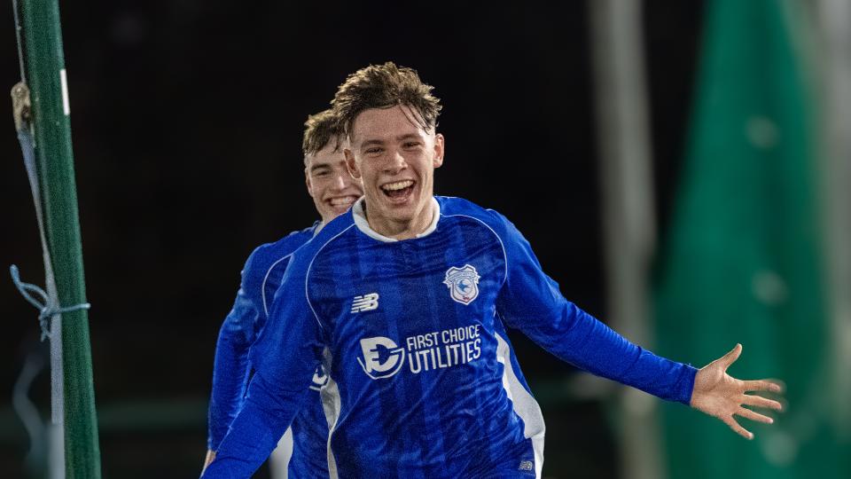 Trey George celebrates scoring for Cardiff City U18