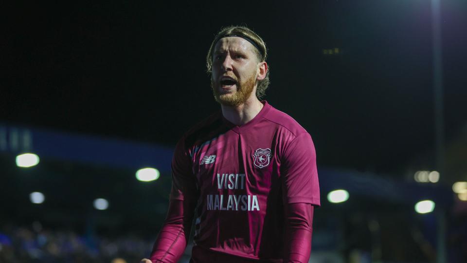 Josh Bowler celebrates scoring for Cardiff City