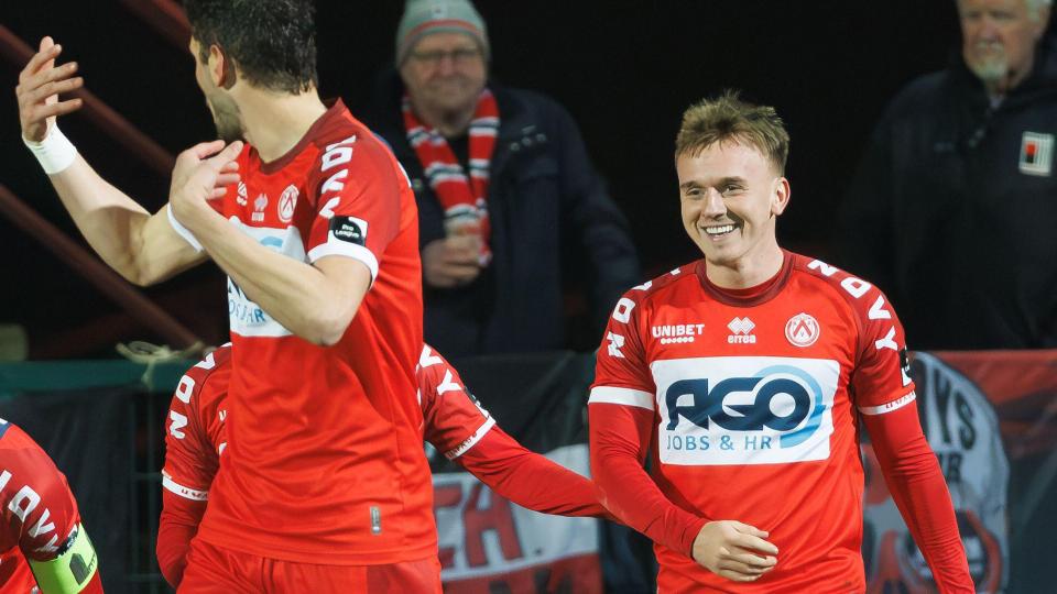 Isaak Davies celebrates a KVK goal...