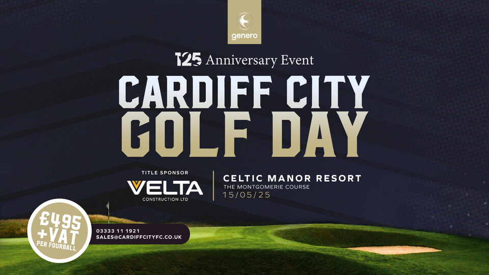 Poster for Cardiff City FC's 2025 Golf Day, to be held at the Celtic Manor Resort on May 15th, 2025.
