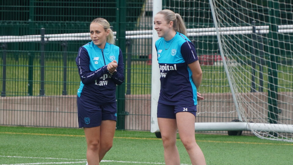 Kerry Walklett (left) and Helen Evans (right) in training for Cardiff City FC Women