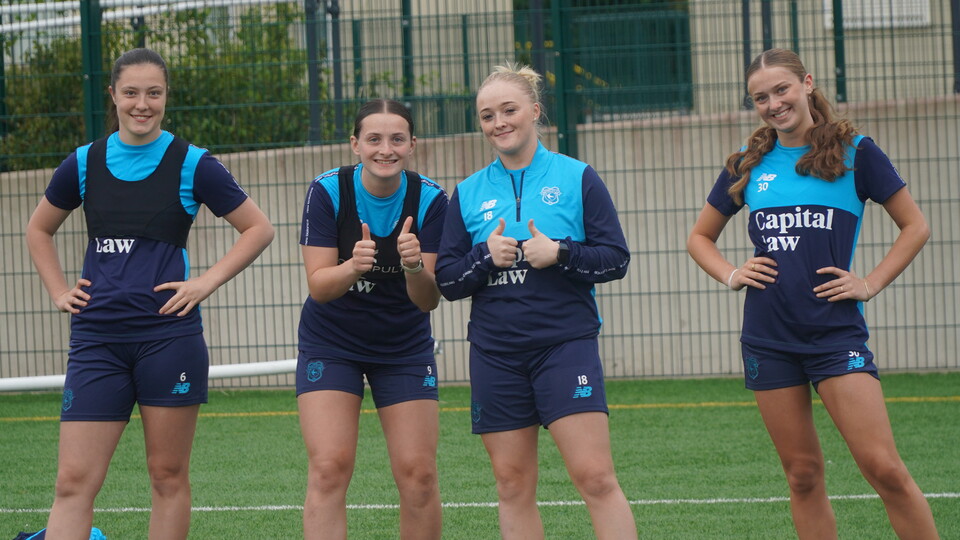 Megan Bowen, Mackenzie Olden, Lily Billingham and Lucy Malin in training for Cardiff City FC Women