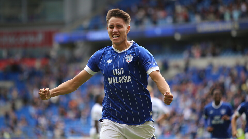 Rubin Colwill celebrates scoring for Cardiff City FC