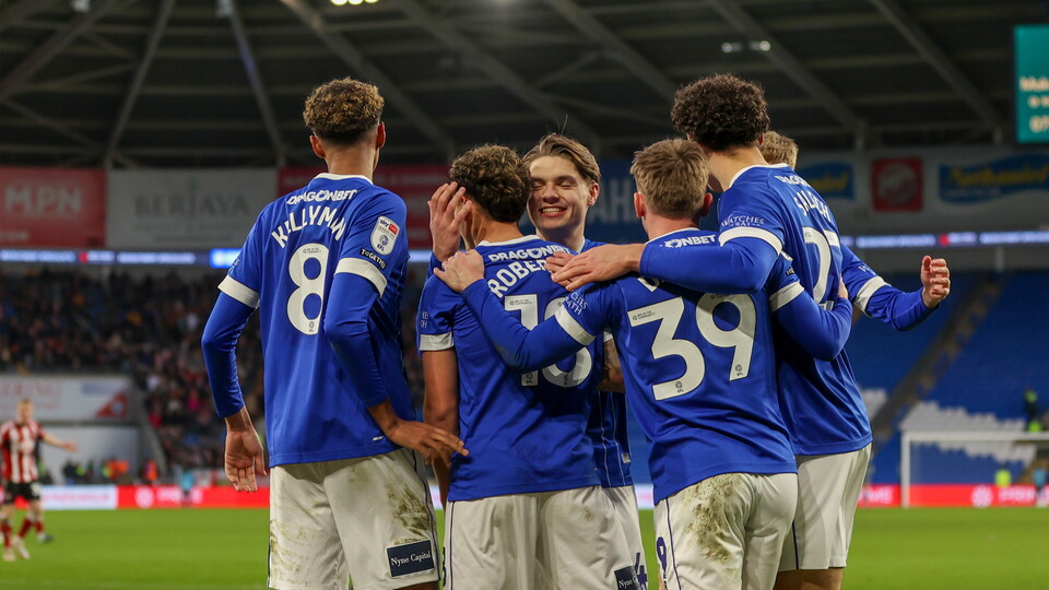 City players celebrate following Alex Robertson's opener against Exeter City.