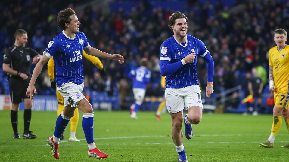 Ollie Tanner celebrates scoring for Cardiff City FC