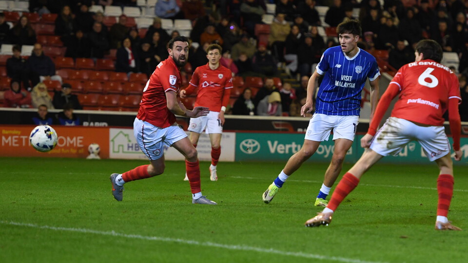 Rubin Colwill in action against Barnsley at Oakwell.