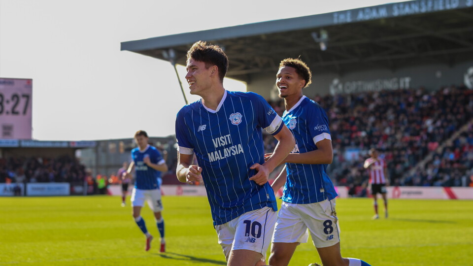 Rubin Colwill celebrates scoring against Exeter City.