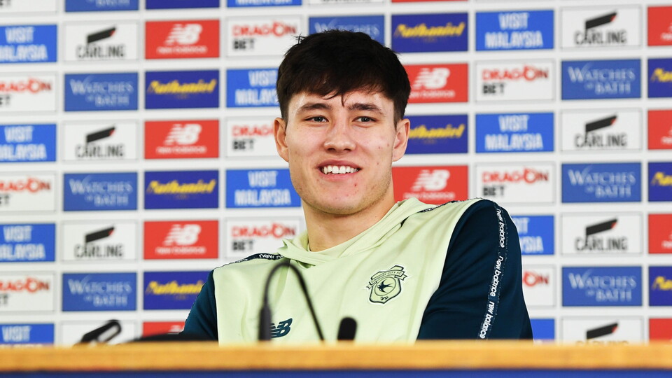 Rubin Colwill talks to the press ahead of Lincoln City.