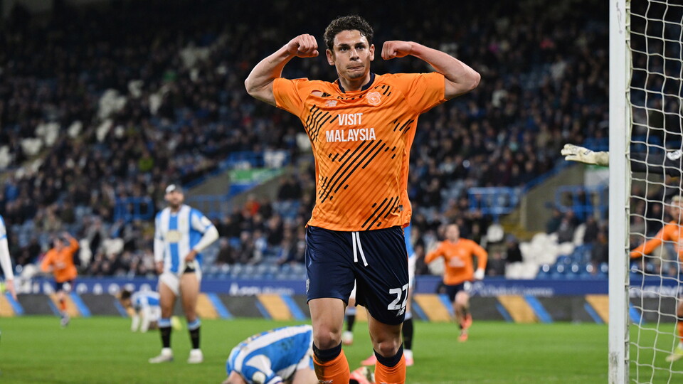 Yousef Salech celebrates his goal against Huddersfield Town.