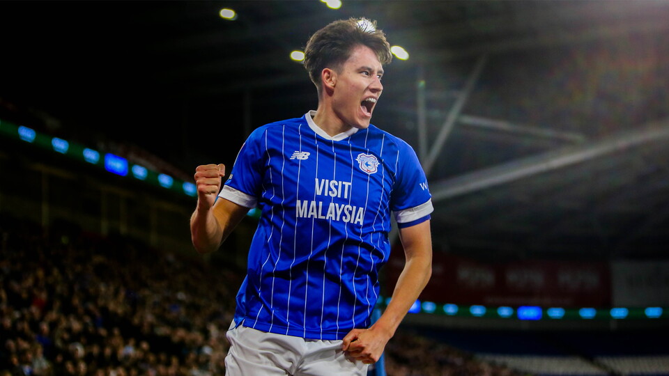 Rubin Colwill celebrates scoring against Port Vale.