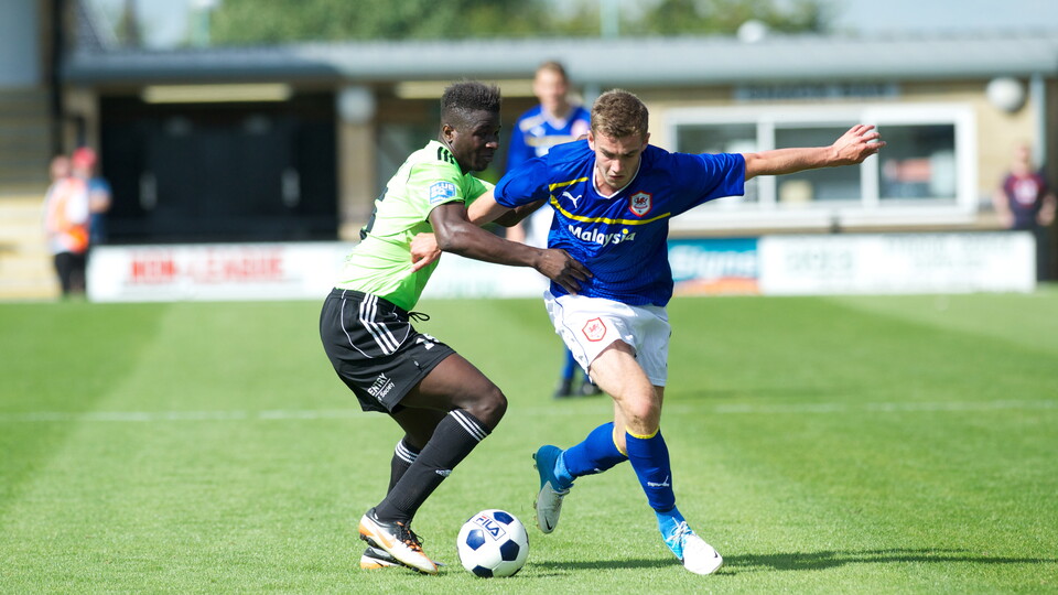Joe Ralls holds the ball up against Forest Green Rovers.