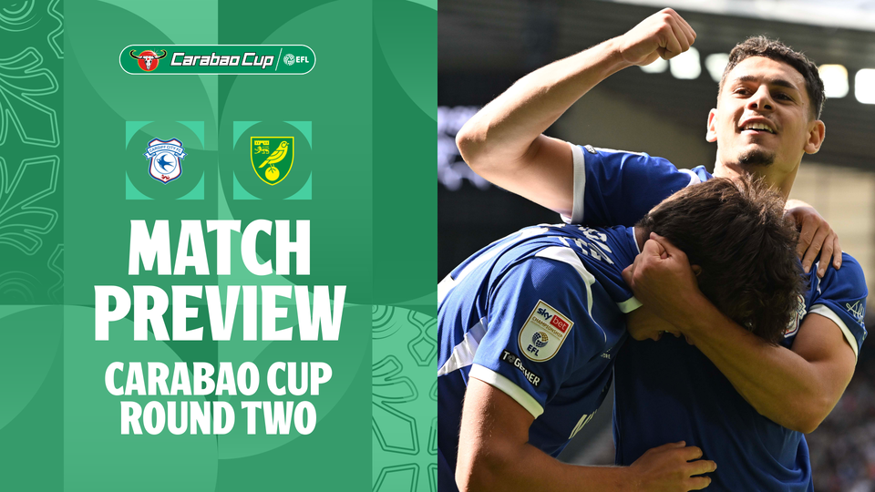 A match graphic for our Carabao Cup Round Two clash with Norwich City, showcasing the Club crests alongside a picture of Yousef Salech and Rubin Colwill celebrating a goal against Derby County.