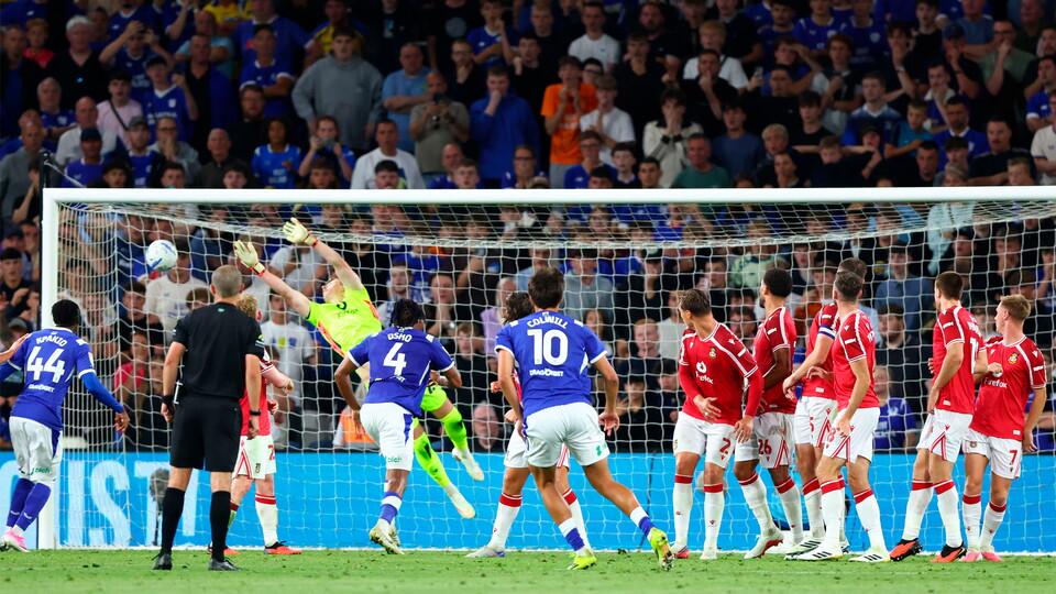 Rubin Colwill scores his free-kick against Wrexham.